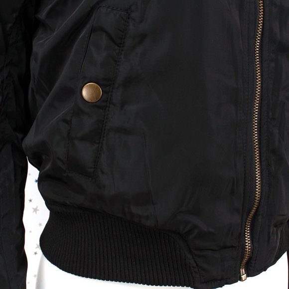 Fur Lined Short Bomber Jacket Patches Black - Picture 7 of 12